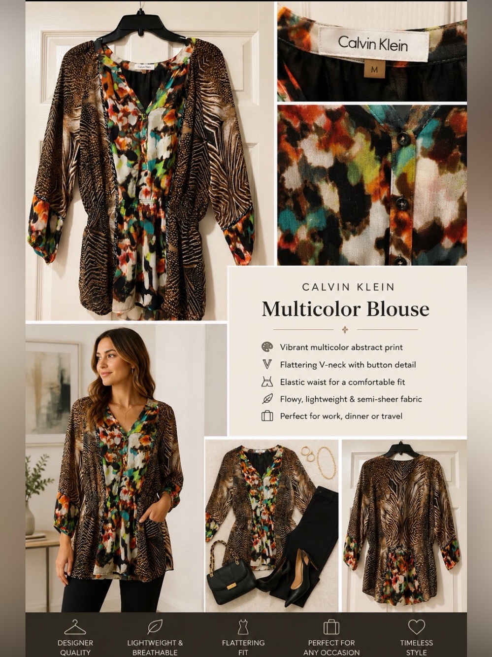Calvin Klein Multicolor Mixed-Print Blouse - Brown, Orange, Green, Black